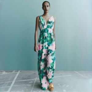 ZARA Watercolor Floral Maxi Dress V-Neck Open Back Pink Green Size S
